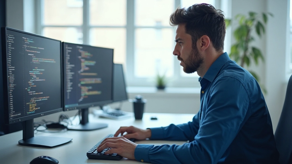 Специалист по информационным технологиям работает с цифровыми инструментами на современном компьютере в офисе