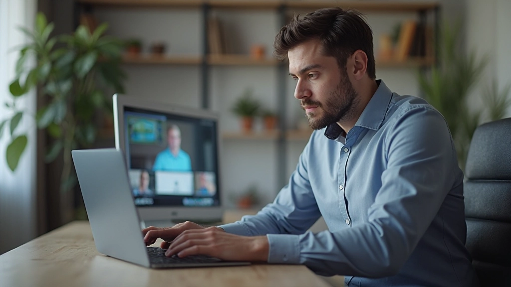 Профессионал работает с приложением для видеоконференций, проводя онлайн встречу с командой