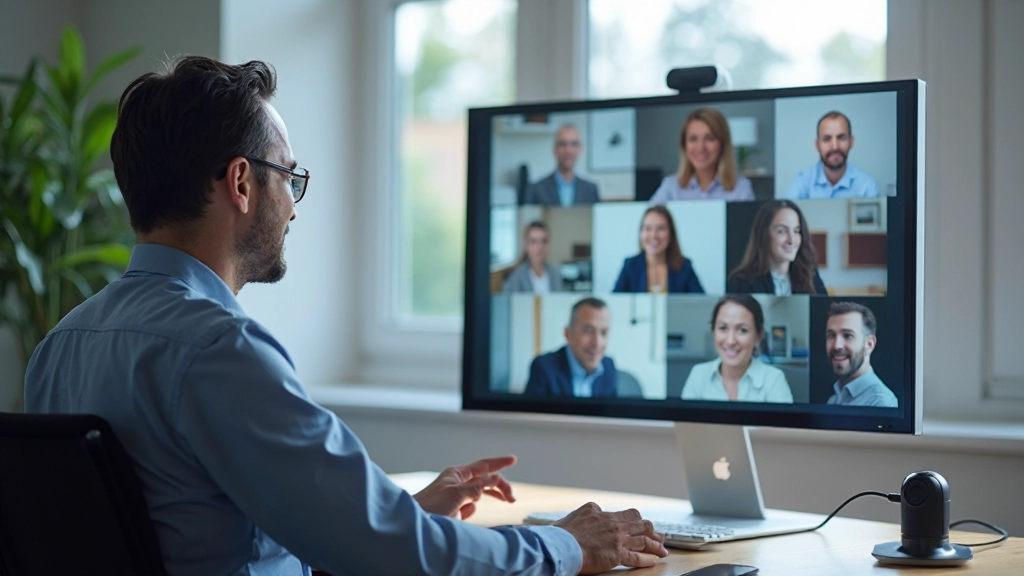 Профессиональное фото видеоконференции с несколькими участниками на экранах во время удаленного совещания