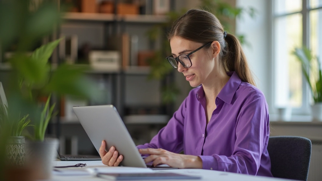 Молодой специалист использует приложение для управления проектами на планшете в офисной среде